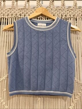 Willow & Wind Blue Knit Sleeveless Sweater Vest with Cream Trim